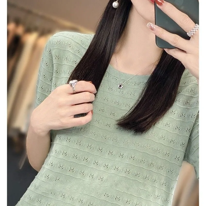 Korean Office Lady Summer T-Shirts Women\'s Solid Color Round Neck Ice Silk Screw Thread Chic Casual Short Sleeve Loose Knit Tops