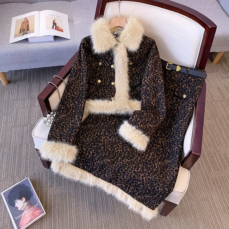 Vintage Denim Cotton-Padded Jacket with Leopard Print Fur Collar + Autumn and Winter Skirt Two-Piece Set for Women Female Lady