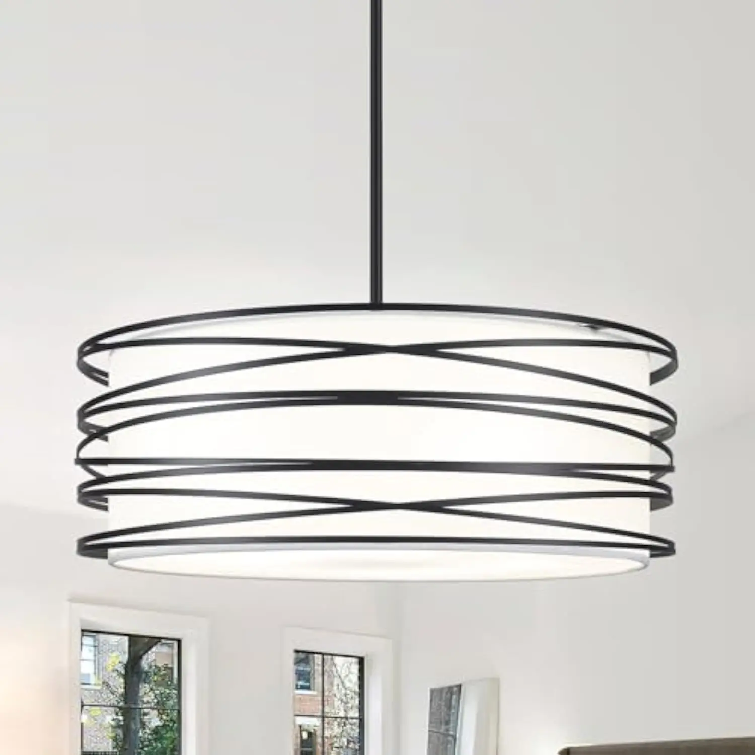 

19.7'' 5-Light Black Drum Chandelier - Black and White Industrial Light Fixtures Modern Farmhouse Pendant Light for Kitchen Isl