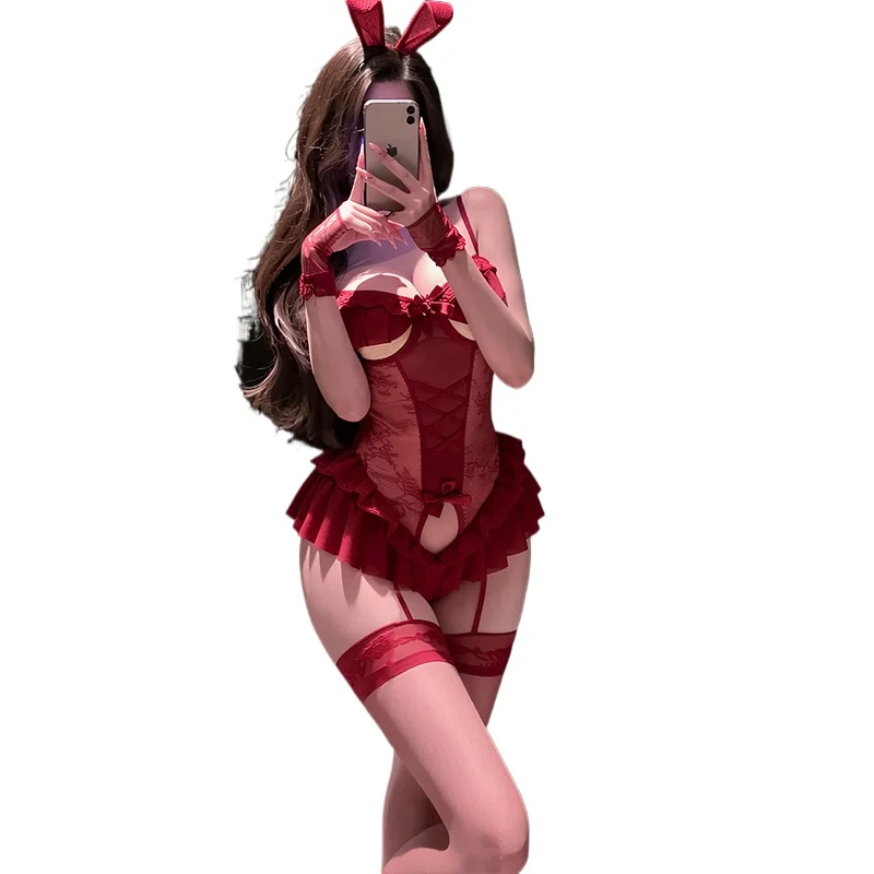 Anime Bunny Girl Cosplay Costume Rabbit Perspective Uniform Sexy Red Transparent Bodysuit Role Play Lingerie Porno Bar Costumes