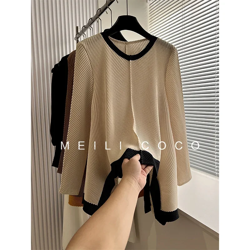 YUDX High Quality Fashion Pleated Women's Shirt Female 2024 Fall New Irregular Design Niche Round Neck Long Sleeve Blouse