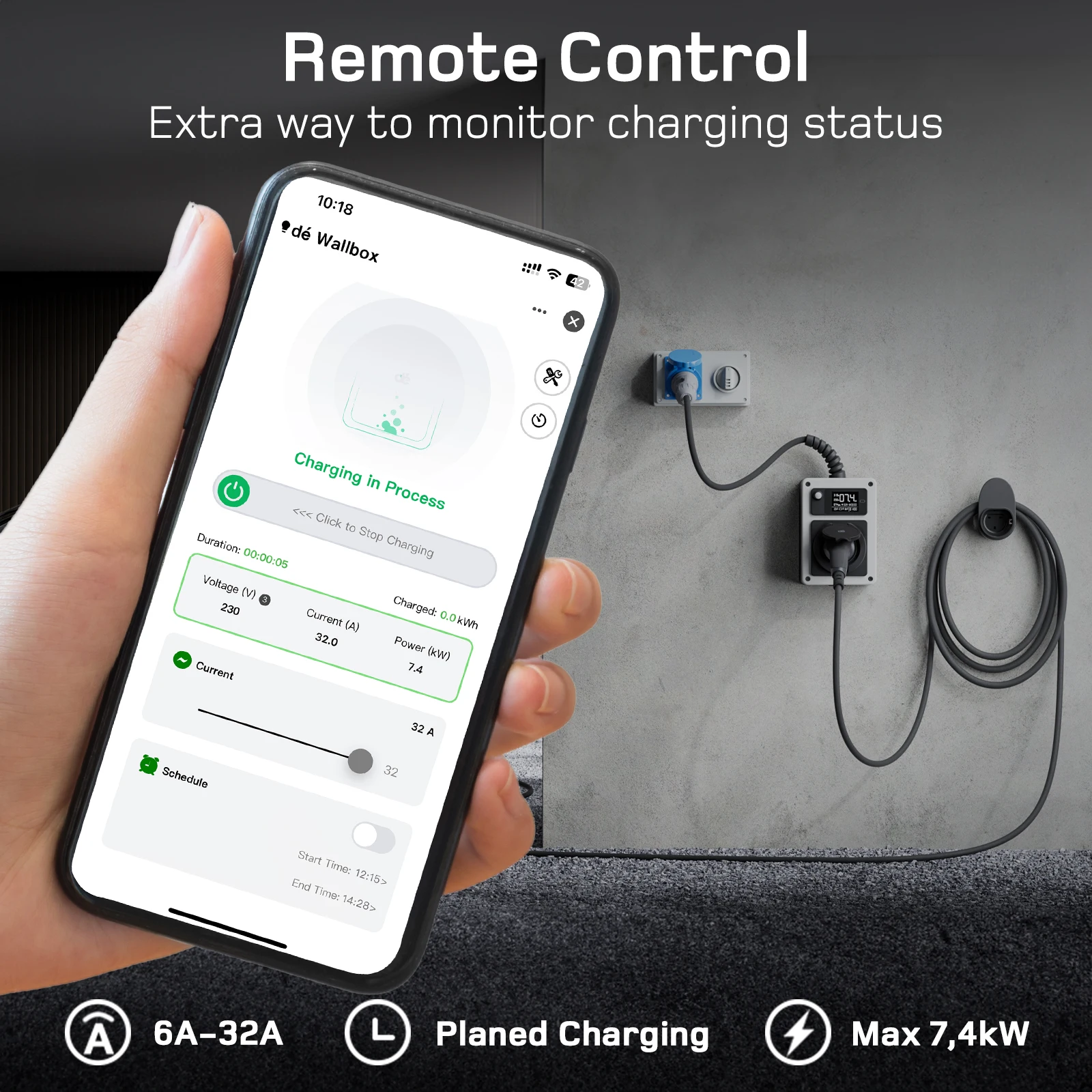 صندوق حائط dé 7.4kw 32A مع التطبيق ، شاحن EV قابس CEE للنوع 2 ، محطة شحن متنقلة مع عداد كهرباء ، توصيل وتشغيل