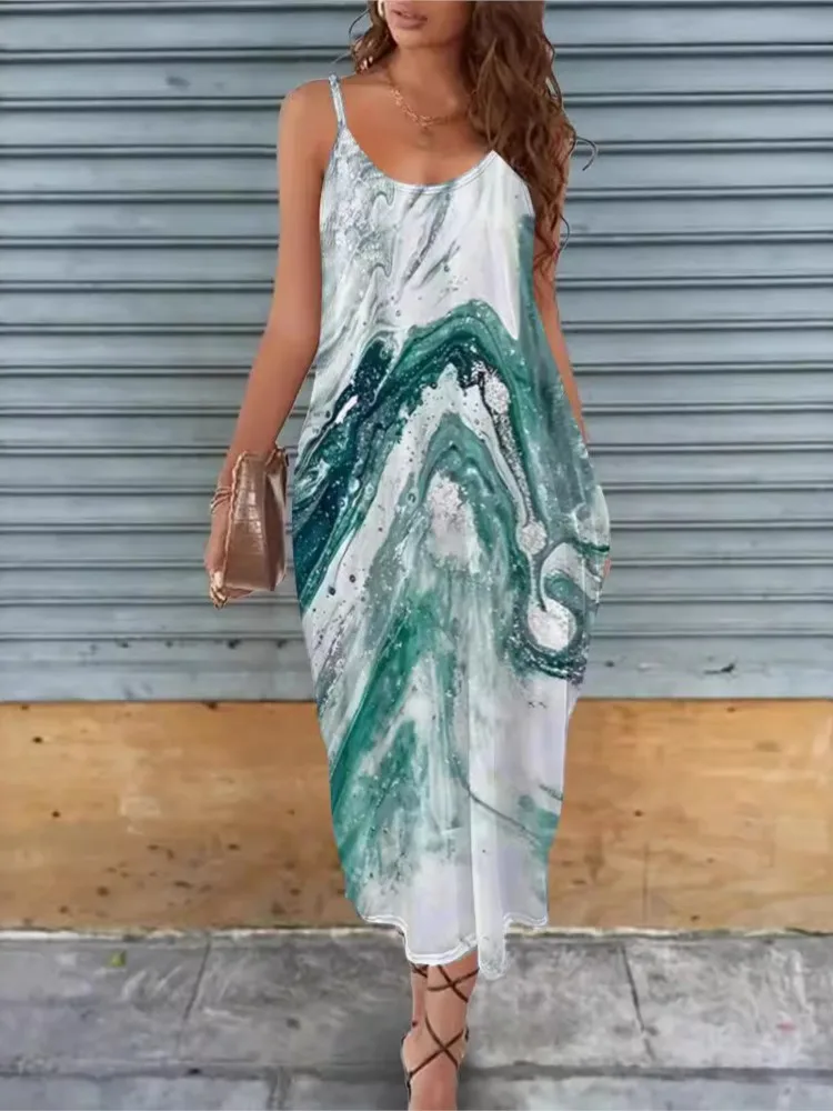 Boho Print Dress For Women Fashion Sleeveless Spaghetti Strap V Neck Dresses Robe Femme Casual Holiday Beach Womens Clothing New