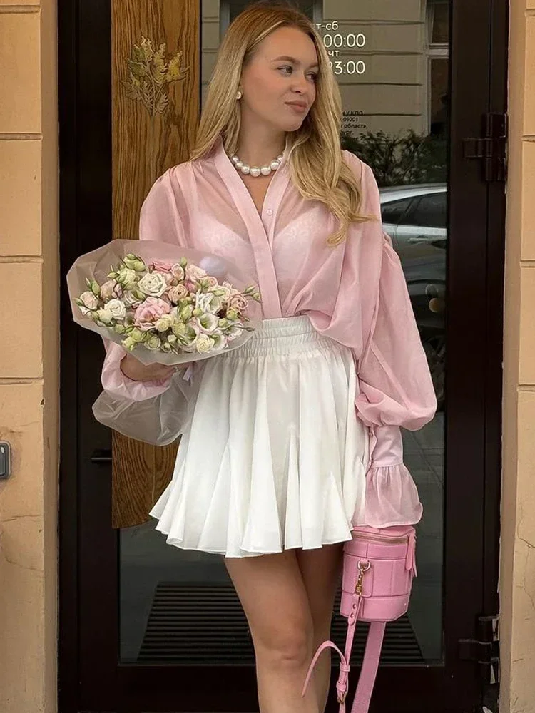 New Casual Loose See-Through Shirts Women's Summer Lapel Long Sleeve Patchwork Blouse Top Streetwear Female Solid Shirts Top