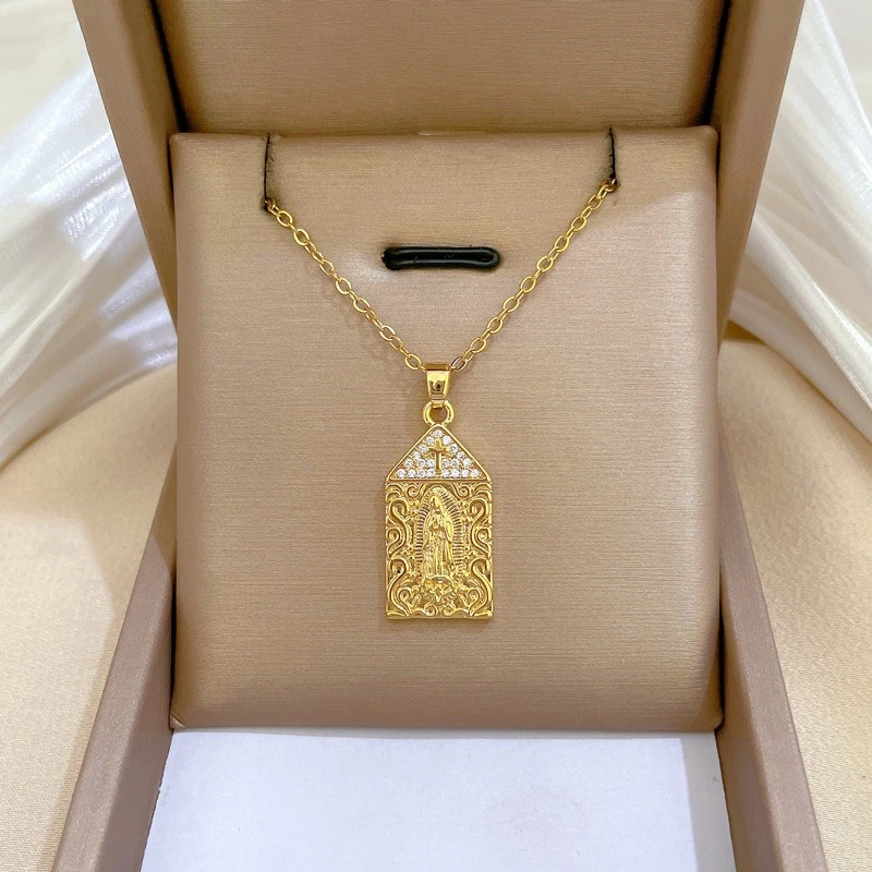 18K Gold-plated Cross Church Virgin Mary Copper Inlaid Zircon Pendant Necklace for Women Devout Believers Faith Jewelry Gift