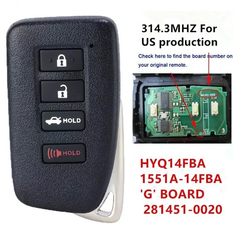 KEYECU 저렴한 열쇠가없는 스마트 키 FOB 4 버튼 314.3MHz G 보드 281451-0020 LEXUS ES300h ES350 GS350 GS450H GS-F HYQ14FBA