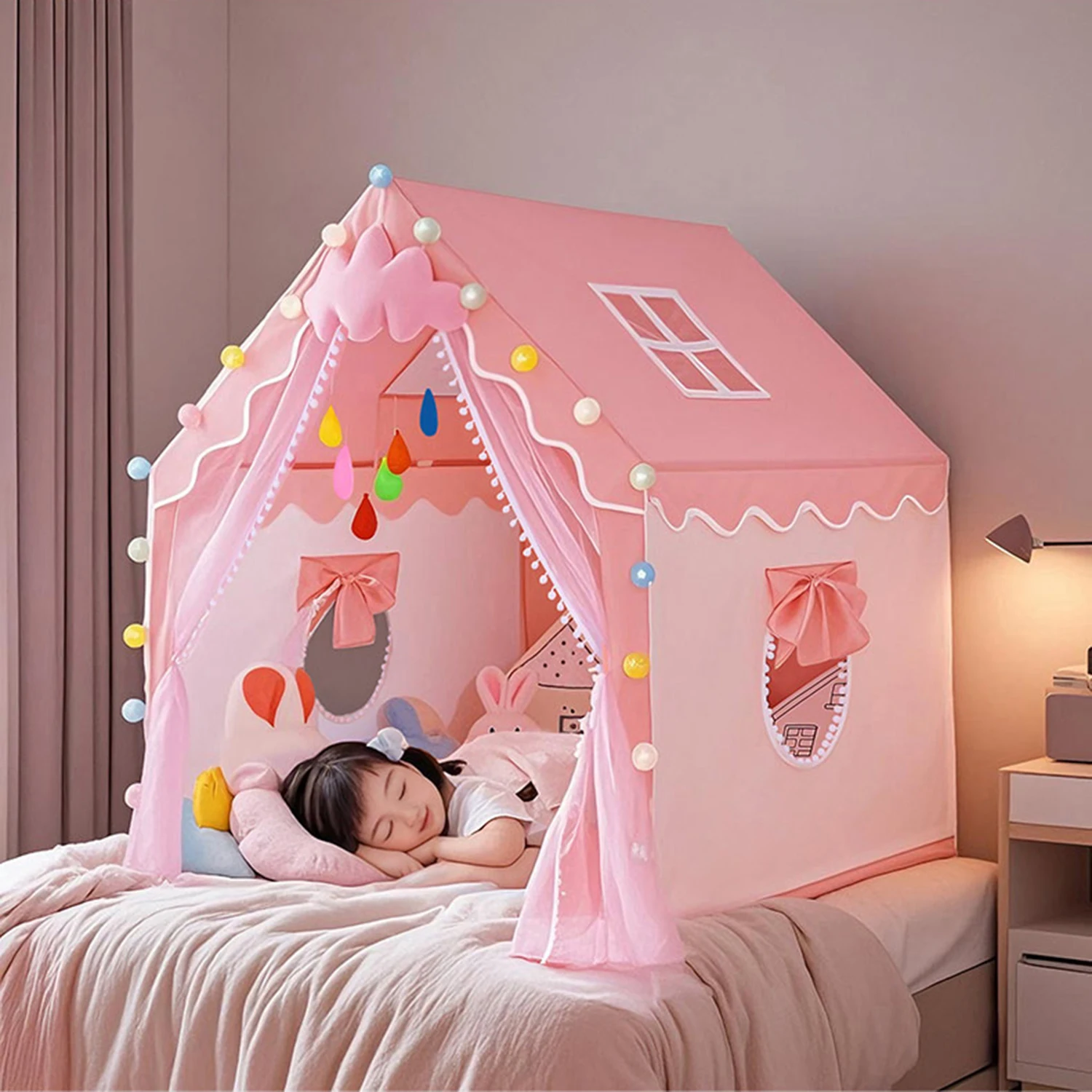 Maison de jeu château de princesse, tente de jeu pour enfants, maison pour filles avec lucarne, cadeau parfait pour les enfants, disponible pour l'intérieur et l'extérieur