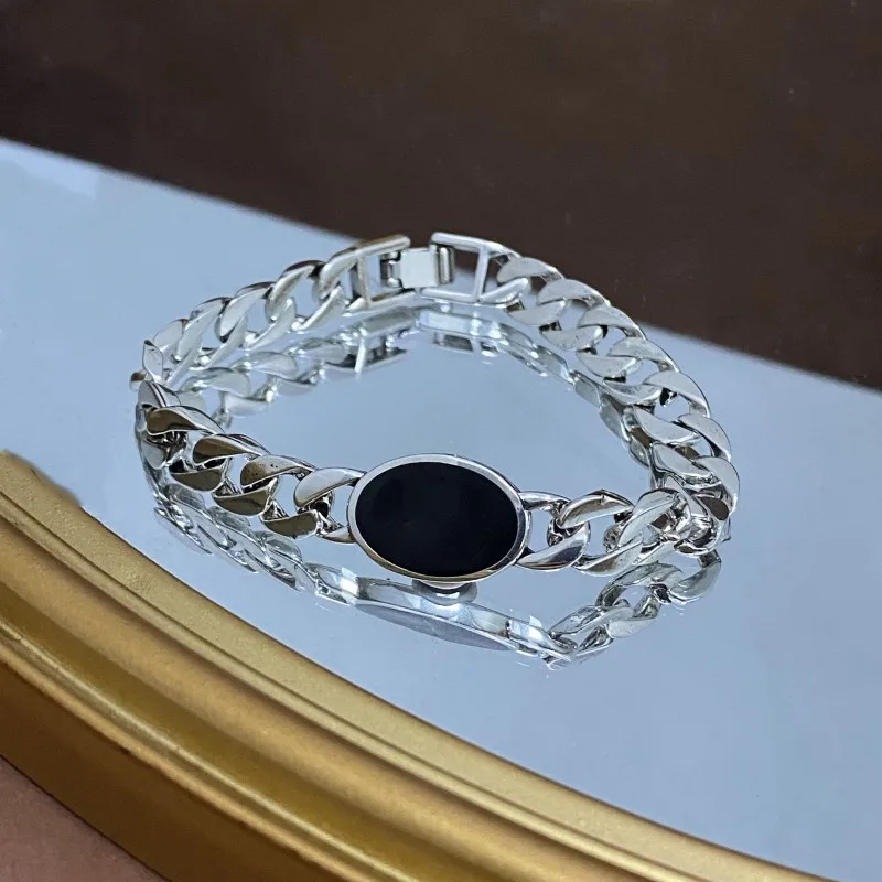 Personality Retro S925 Sterling Silver Tank bracelet Retro Trendy Men's Inlaid Black agate Cuban bracelet Simple Fashion Jewelry 2