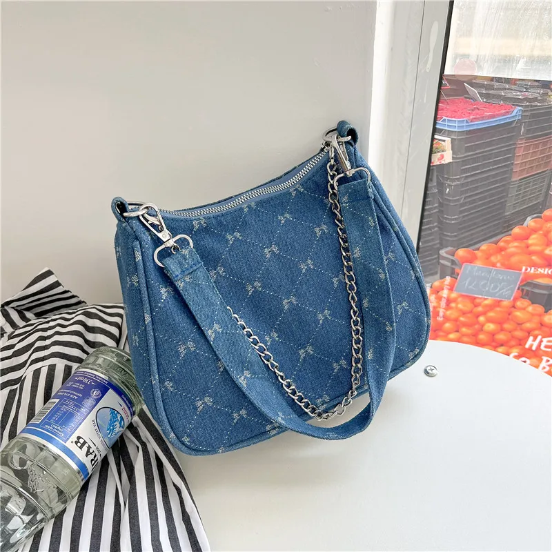 1pcs ladies denim shoulder bag fashion chain decoration women\'s bag plaid printed crescent bag