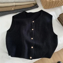 Cardigan gilet lavorato a maglia girocollo con bottoni piccoli a fila singola delicata per donna top a canotta senza maniche in stile coreano per capispalla