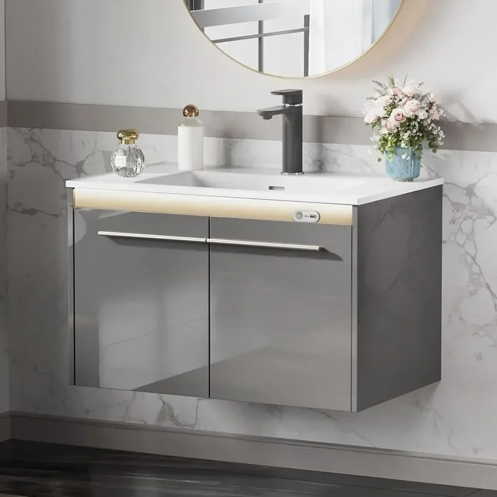 

LED Bathroom Vanity, High Gloss Single Sink Wall Mounted Bathroom Storage Vanity Cabinet, Modern Bathroom Sink Cabinet
