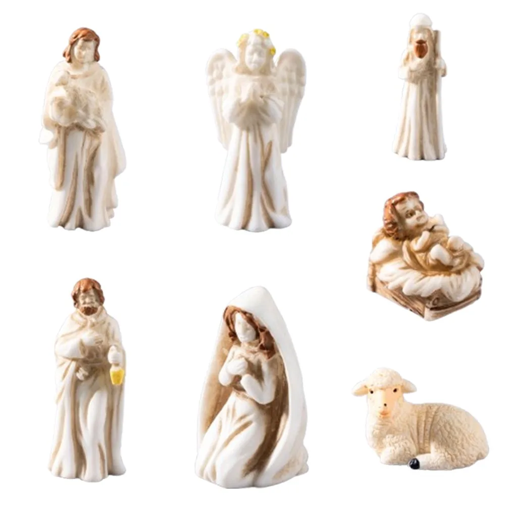 7Pcs Miniature Nativity Scene Figurine Set Resin Craft Small Figurine Christmas Manger Resin Statues Vintage Desktop Scene