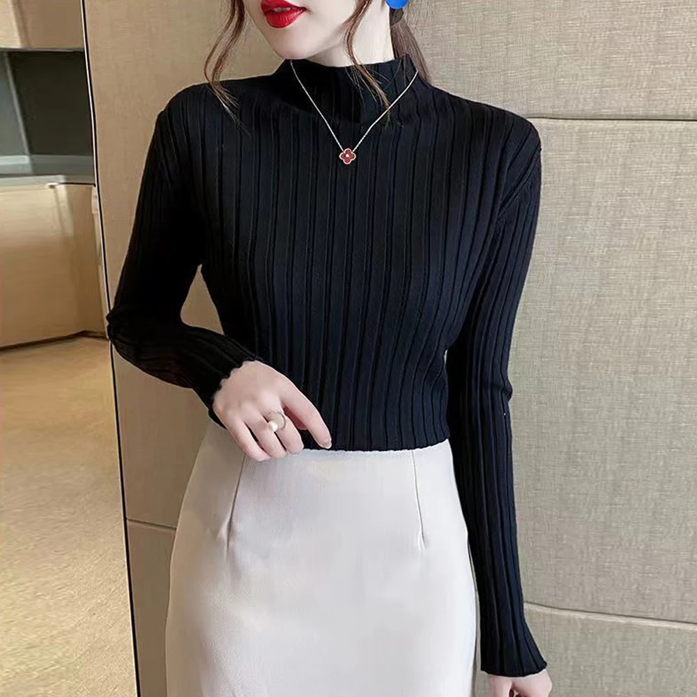 Women's High Collar Long Sleeve Sweater T Shirt With S-XL Blue Rose Casual Outfits For Daily Wear Get Noticed Korean Fashion Top