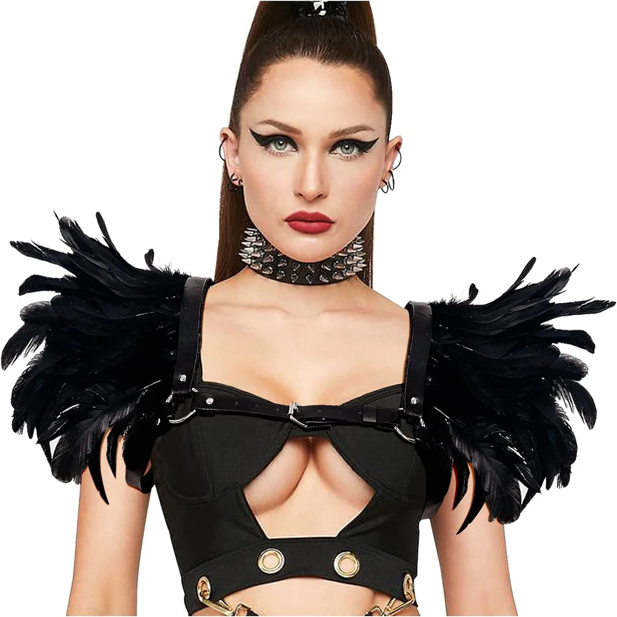 Women's Accessory Feather Wings With Black Shawl, Gothic Artificial Makeup Party