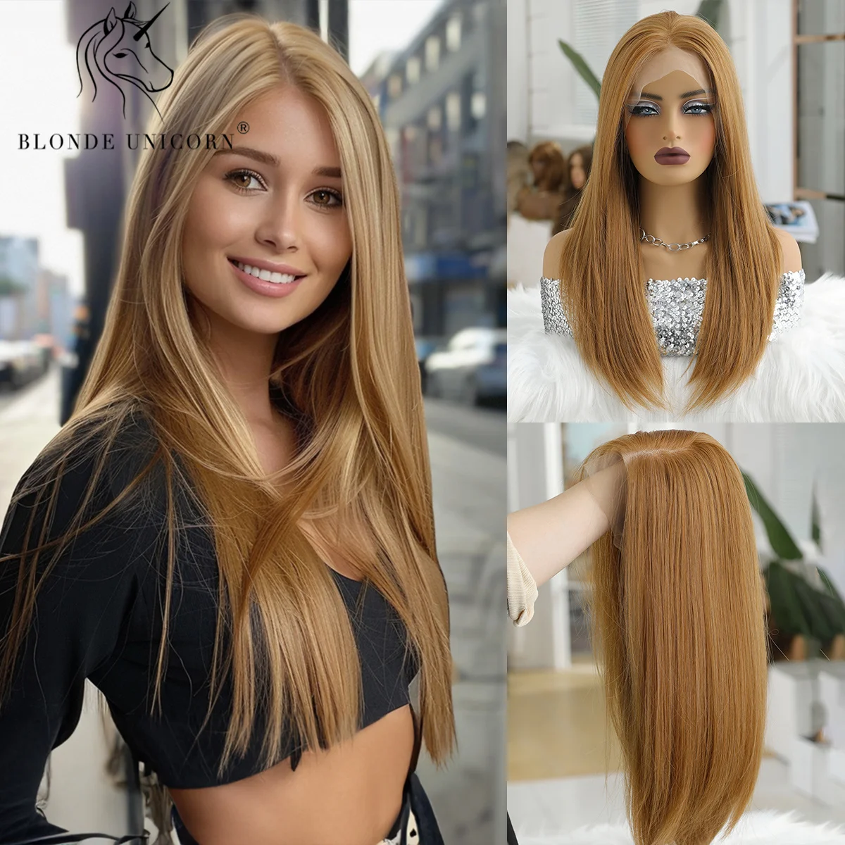 Perruque Lace Front Wig synthétique lisse blonde dorée 13x6 pour femmes, perruques en fibre de degré de chaleur pour utilisation Cosplay 03/Party