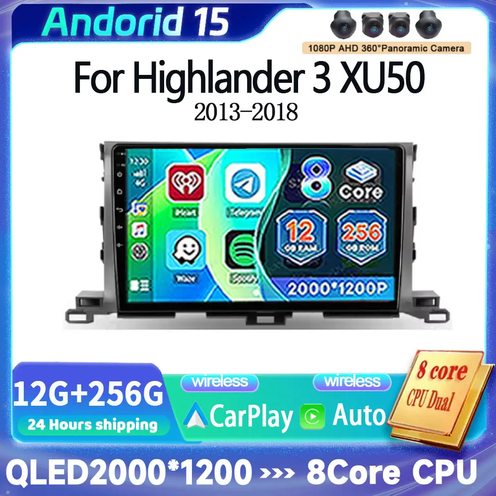 

Android 15 для Toyota Highlander 3 XU50 2013-2018 Carplay Auto 2K экран автомобильный радиоприемник мультимедийный плеер WIFI + 4G авторадио стерео