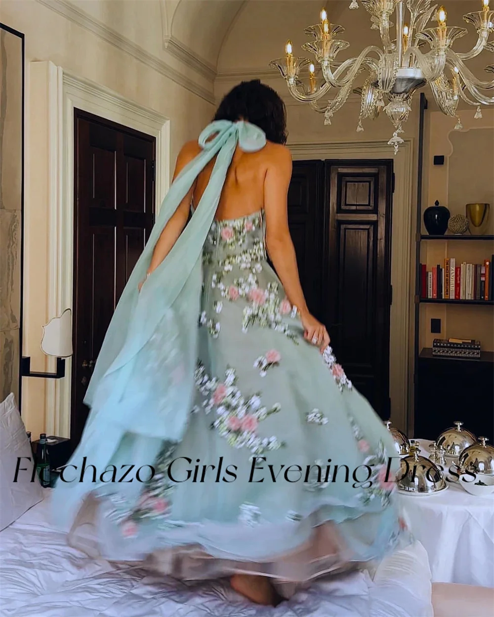 Flechazo Mint Green Homecoming Dresses Halter-Neck Open Back Flower Formal Occasion Dress For Women 2024 فساتين quinceanera