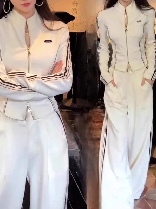 

Модный повседневный женский комплект с высокой талией, широкие брюки с воротником-стойкой Jaet Spor, комплект из двух предметов, уличный комплект, весна-осень