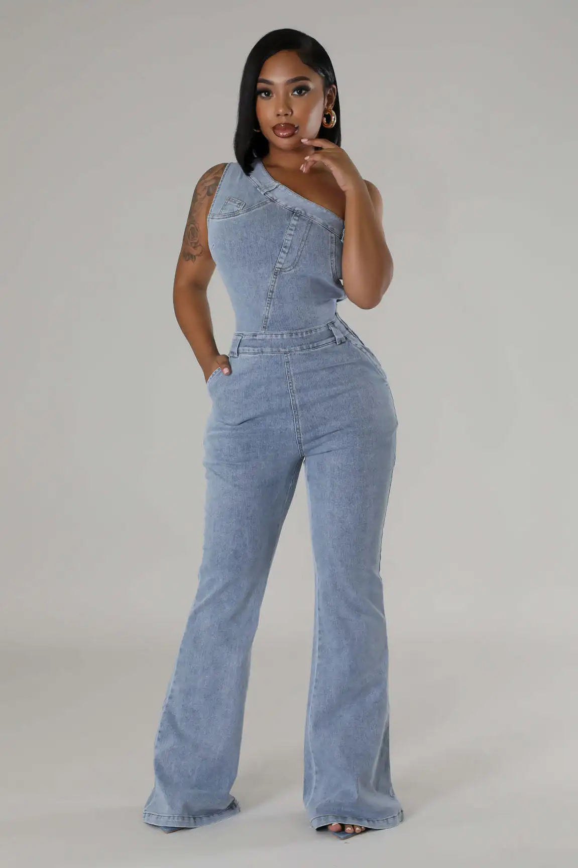 Summer Women Casual Diagonal Shoulder Tight Waist Slim Stretch Denim Romper Jumpsuit Streetwear Flared Pants Jeans Jumpsuit