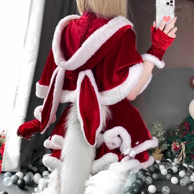 女性のためのクリスマスサンタクロースのコスプレ衣装,セクシーなランジェリー,かわいいベルベットのドレス,ケープ,ケープ,メイド,ウサギの女の子のユニフォーム