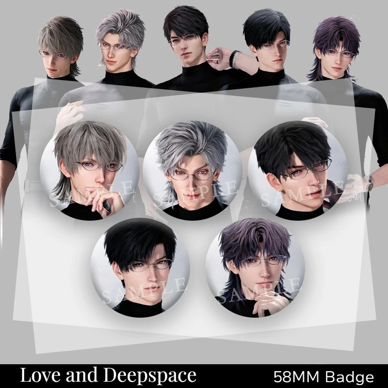 1/5Pcs 58MM Love and Deepspace Sylus Rafayel Zayne Xavier Caleb Anime Cosplay Badge Black Tight Top Brooch Pin Costume Decoratio