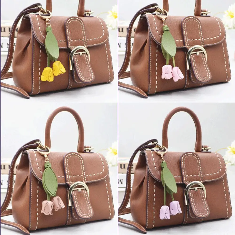 2025 Leather Flower Shaped Bag Charm Genuine Leather Rope Women's Tulip Cactus Bag Pendant Car Keychain Hand Rope Accessories