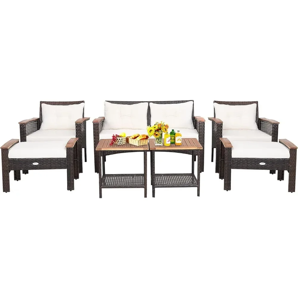 7-piece wicker acacia deck furniture set, 2 ottomans, 2 storage side tables with lower shelves, outdoor upholstered sofa