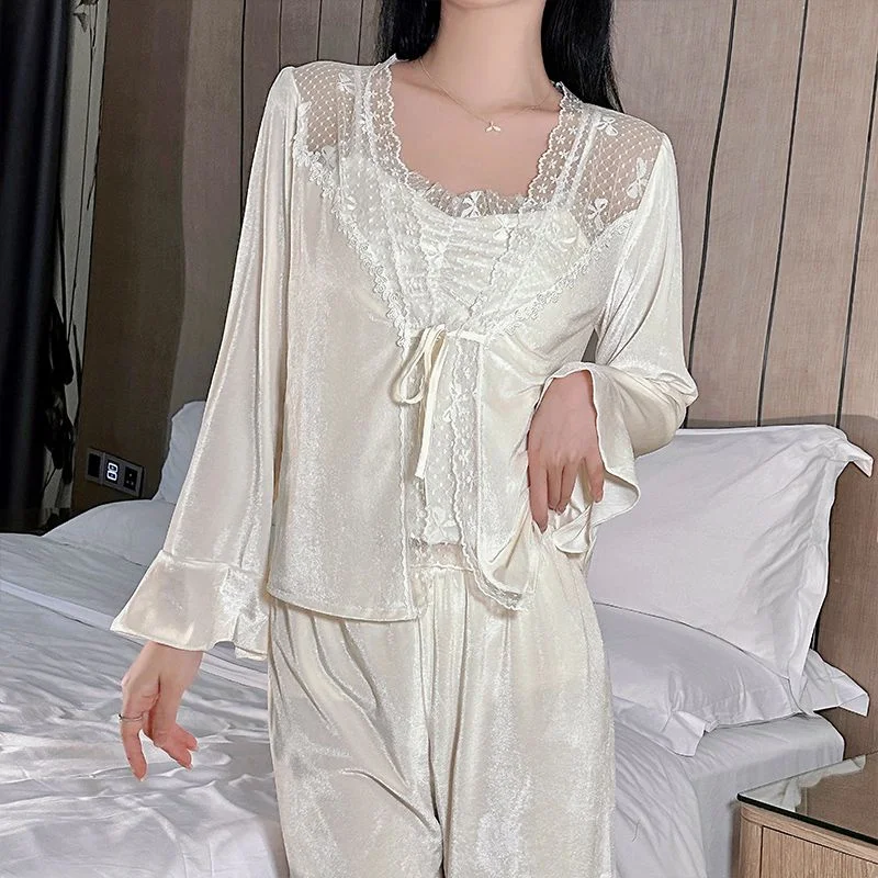 

Pajama Sets Silk Women Modal Korean Style Bow Detail Lace Up Front Ankle Length Stretchy Mother Formal Nightwear Premium Slim OL