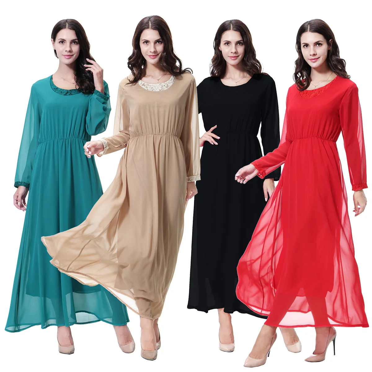 

M-2XL Summer Spring Wear Muslim Women Long Sleeves Round Collar Arab Lady Solid Color Lace Full Length Abaya Maxi Dress