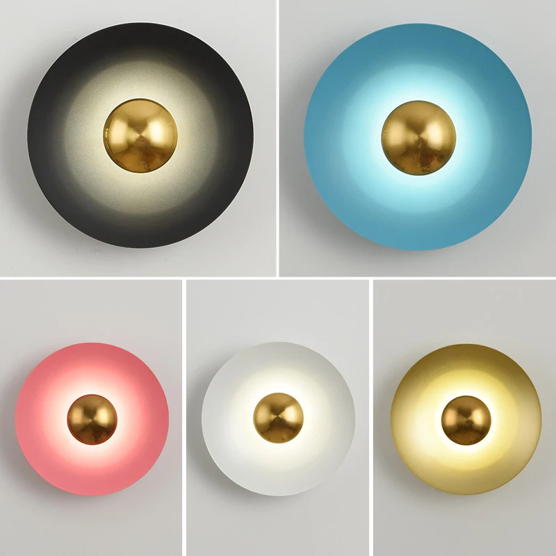 Korean Macaroon Frisbee Wall Lamp Children Bedroom Living Dining Room Golden Decor Light Led 10W Nordic Aisle Bedside Sconce