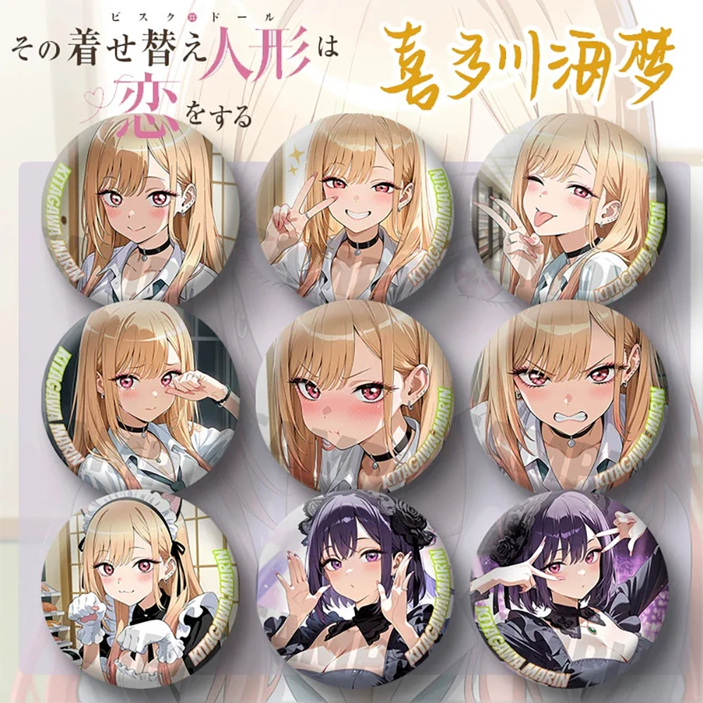 

58mm Anime My Dress-Up Darling Tinplate Badge Dull Polish Laser Craft Kitagawa Marin Cospaly Kuroe Shizuku Backpack Decoration
