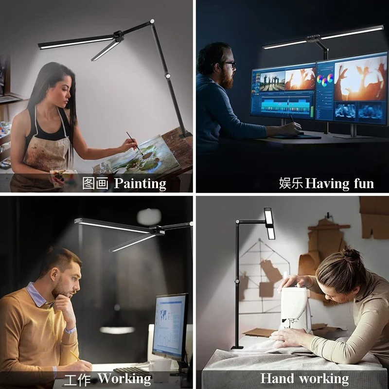 Lampa biurkowa dwugłowicowa z zaciskiem, długi ramiono, ściemnialna, 24V, ultra jasna, automatyczne ściemnianie, lampa stołowa architekta do domu i biura.