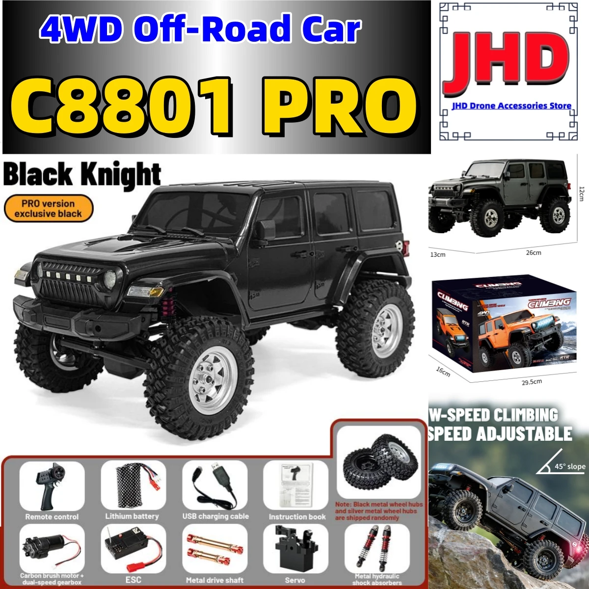 JHD For JJRC C8801 PRO 1:18  Rc Three Level Adjustment Dual Speed Gearbox 4WD C8801 Suspension Off-Road Car With More Battery