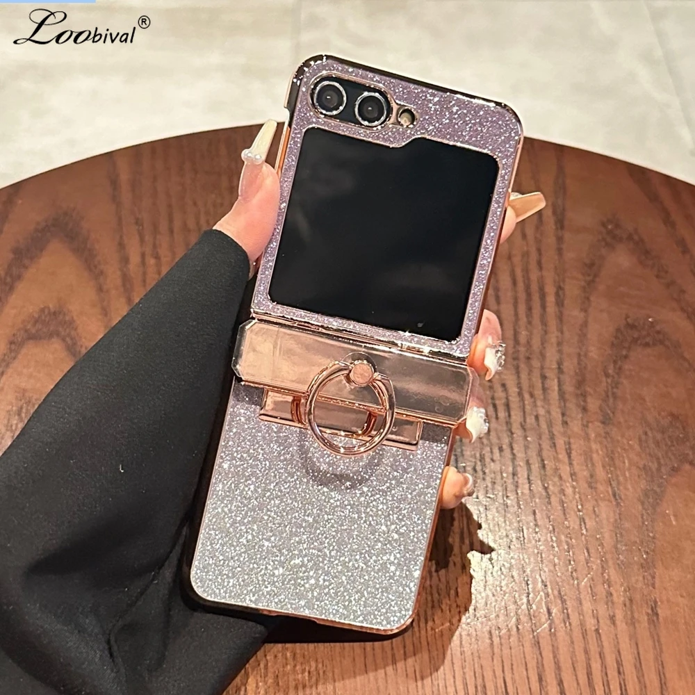 Glitter Gradient Ring Holder Bracket Case for Samsung Galaxy Z Flip 6 5 4 3 Flip6 Diamond Plating Stand Bling Shockproof Cover