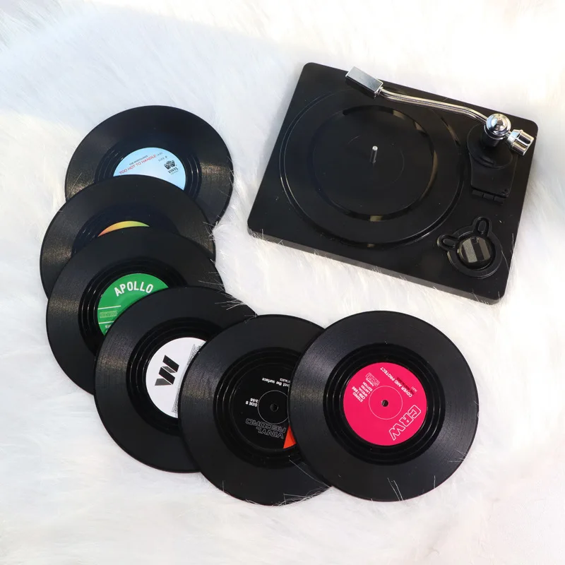 Vintage Vinyl Record Coaster Set with Storage Holder Retro Music Decor Drink Coasters
