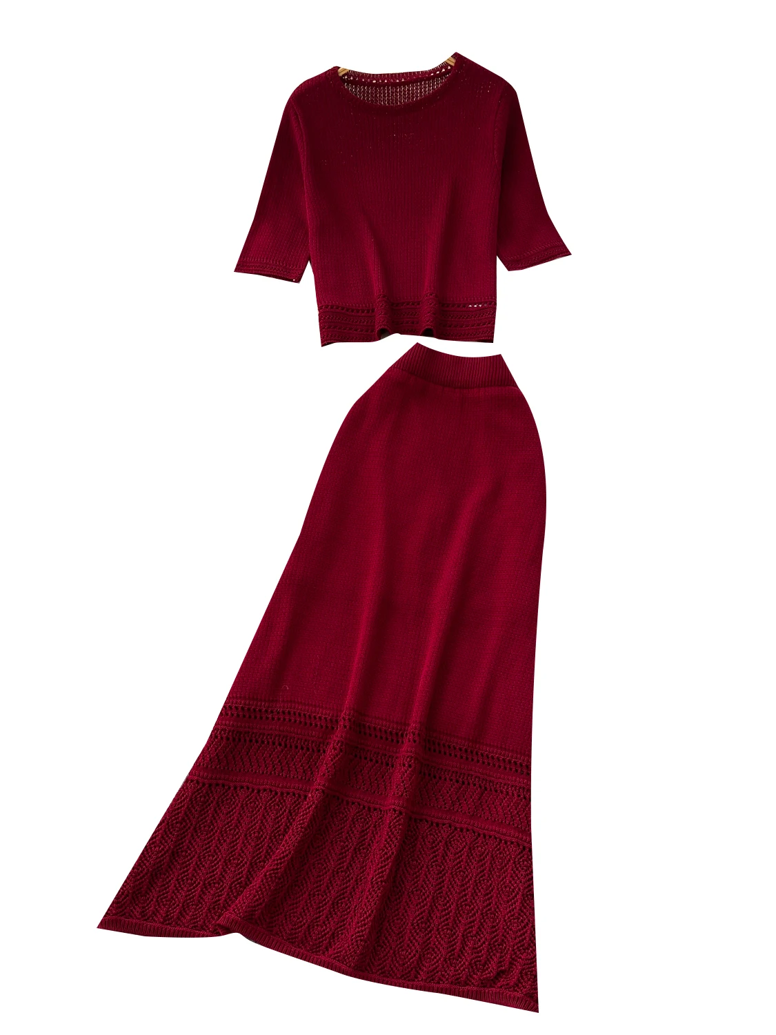 Korean Sle High Waist Knitted ort Sve round Ne Top with Hollow out Hook Embroidery Skirt Faionable mat Set ...