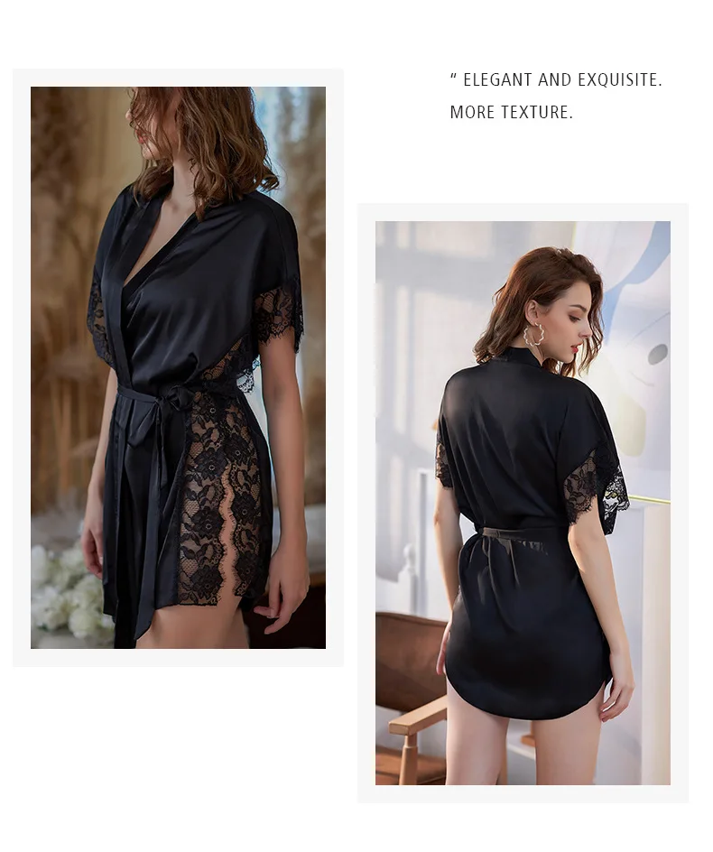 2023 Sexy Deep V Female Open Front Private Nightwear Lace Nightdres Shorts Suit Ladies Ice Silk Summer Autumn Home Casual Pajama