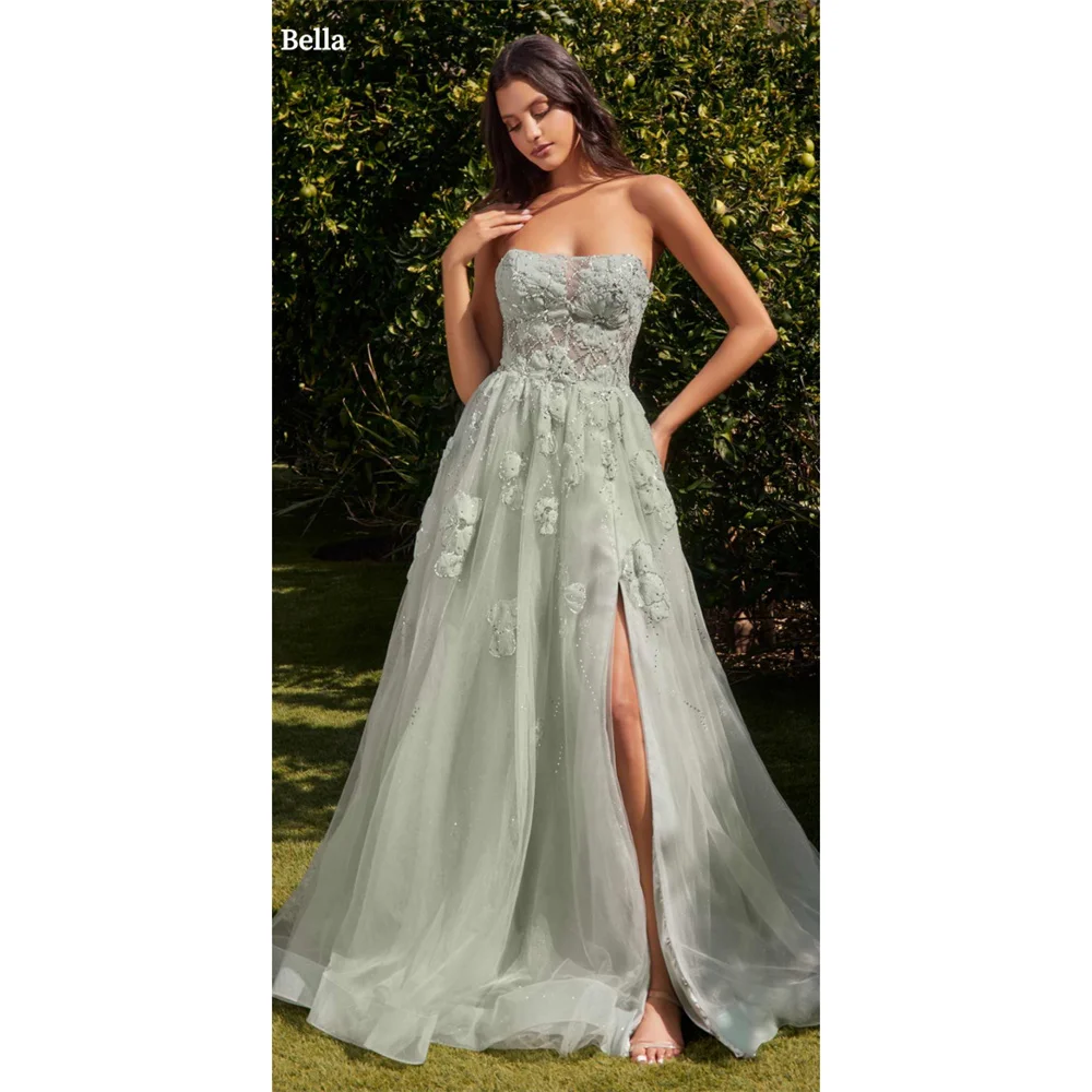 

Bella Light Green Tulle robes de soirée A-line Floor-Length Side Split Prom Dresses Elegant Sleeveless Lace-up Wedding Dress