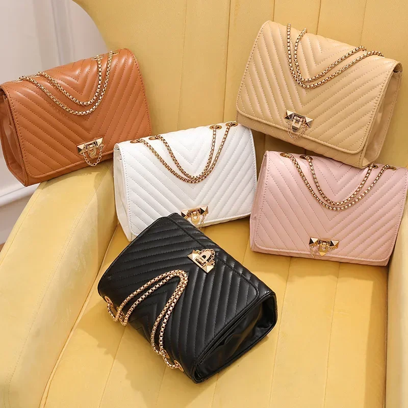 Trendy Fashion High Quality Diamond Pattern Embroidered Lock Chain Single Shoulder Women's Bag Casual Crossbody Bag