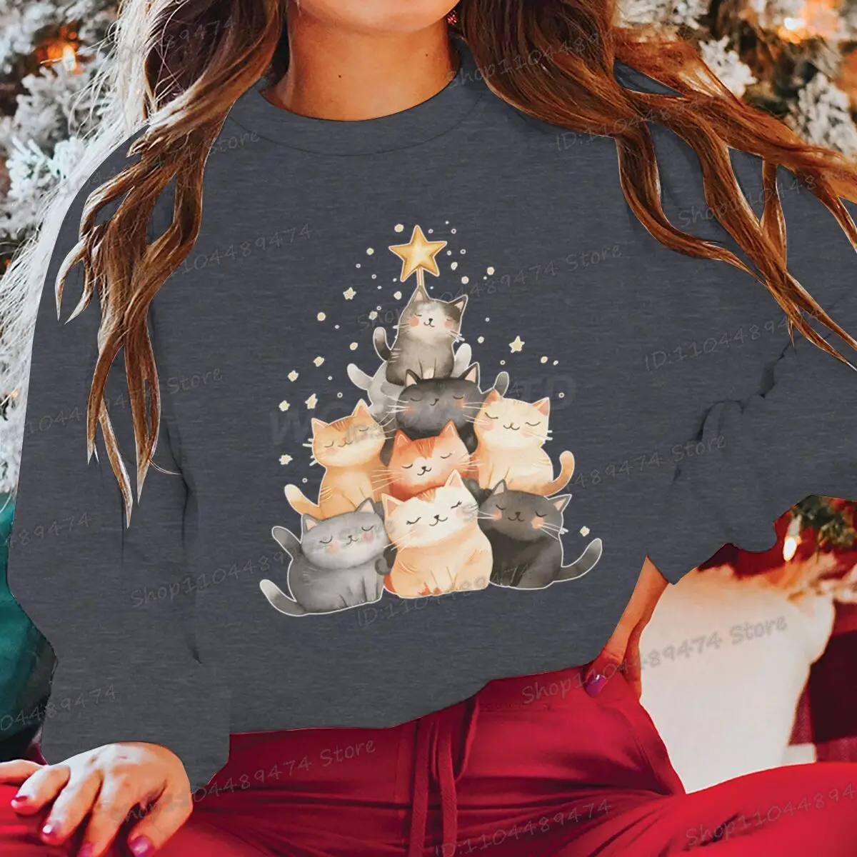 جديد عيد الميلاد للجنسين بلوزات الكرتون القطط شجرة عيد الميلاد سترة الموضة عادية مستديرة الرقبة بلايز النساء الرجال عيد الميلاد البلوز