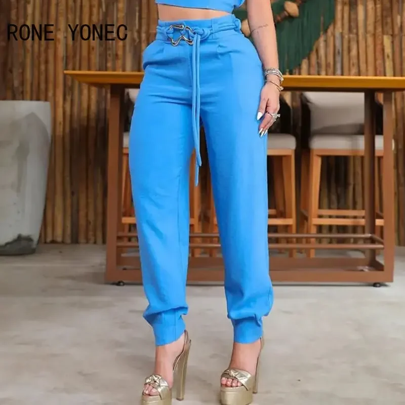 2023 Women Solid Chic Sleeveless Crop Top & Pencil Pants with Belts Fashion Women Sets