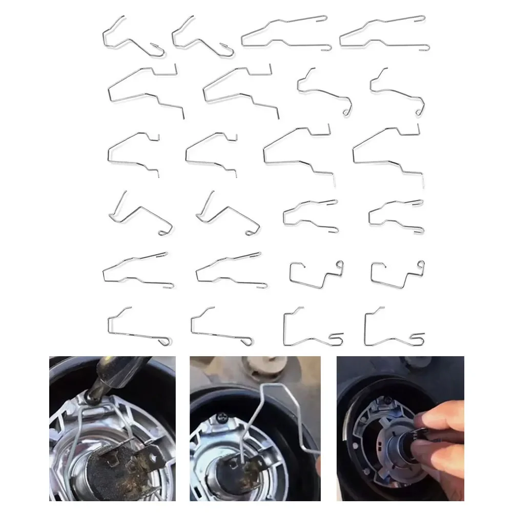 24x Assorted Headlight Bulb Retaining Clip Holder Set For H1 H3 H4 H7 Recessed Low-Beam Bulb Holder Bulb Retaining Spring Clip