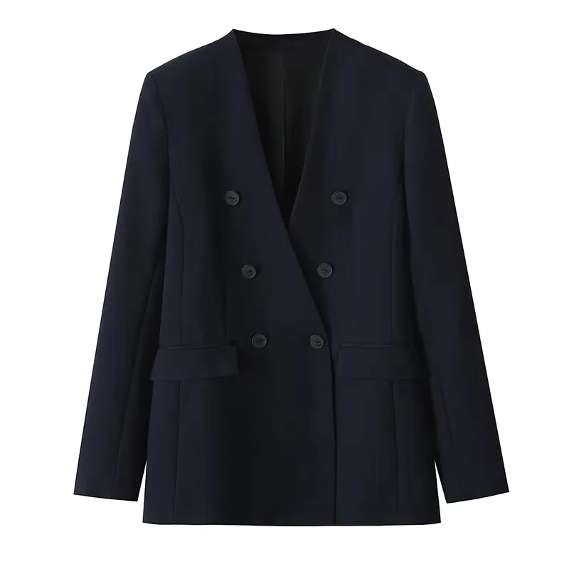 Women's 2 Piece Set Fashionable Long Sleeve Navy Blue Collar V-neck Suit Coat Straight Pants Suit New Matching Sets Office Lady