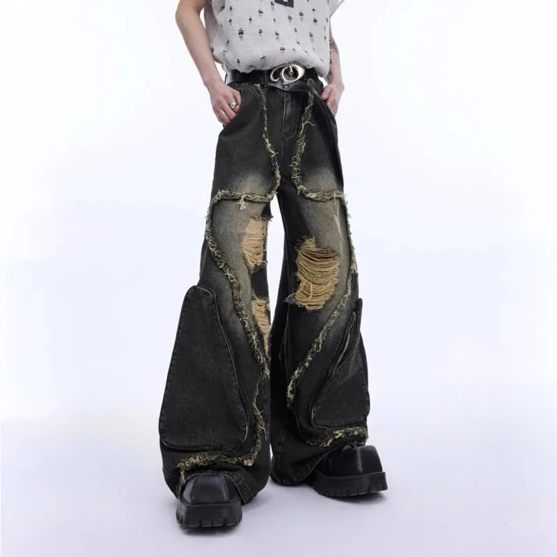 HKSH Autumn New Man Heavy Niche Deconstructed Tassel Ripped Jeans Retro Distressed Large Pockets Design Denim Cargo Pants HK8749