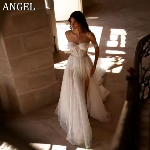 ANGEL Bohemia Dot Tulle Wedding Dress 2026 Off Shoulder Sweetheart A-Line Bridal Gowns Sweep Train Side Slit Long Evening Dress