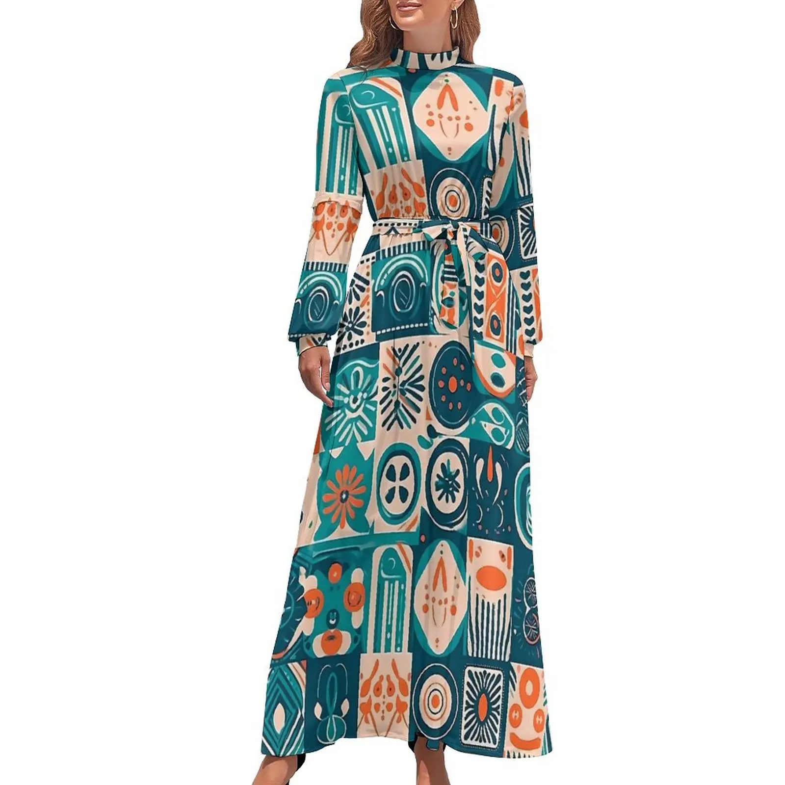 

Ethnic Tribal Icon Dress High Neck Patchwrok Print Custom Beach Dresses Long Sleeve Streetwear Long Maxi Dress Sexy Vestido