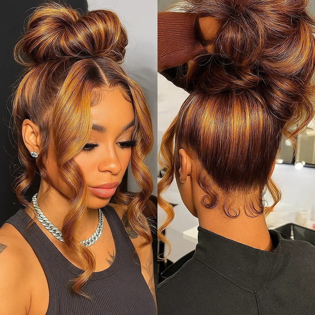 วิกผมลอนบอดี้เวฟ 4/27 ผมแท้ 30 นิ้ว วิกผมหน้าผากลูกไม้ HD 13x4 สีออมเบรบลอนด์ไฮไลท์ ผมบราซิล สำหรับผู้หญิงผิวสี