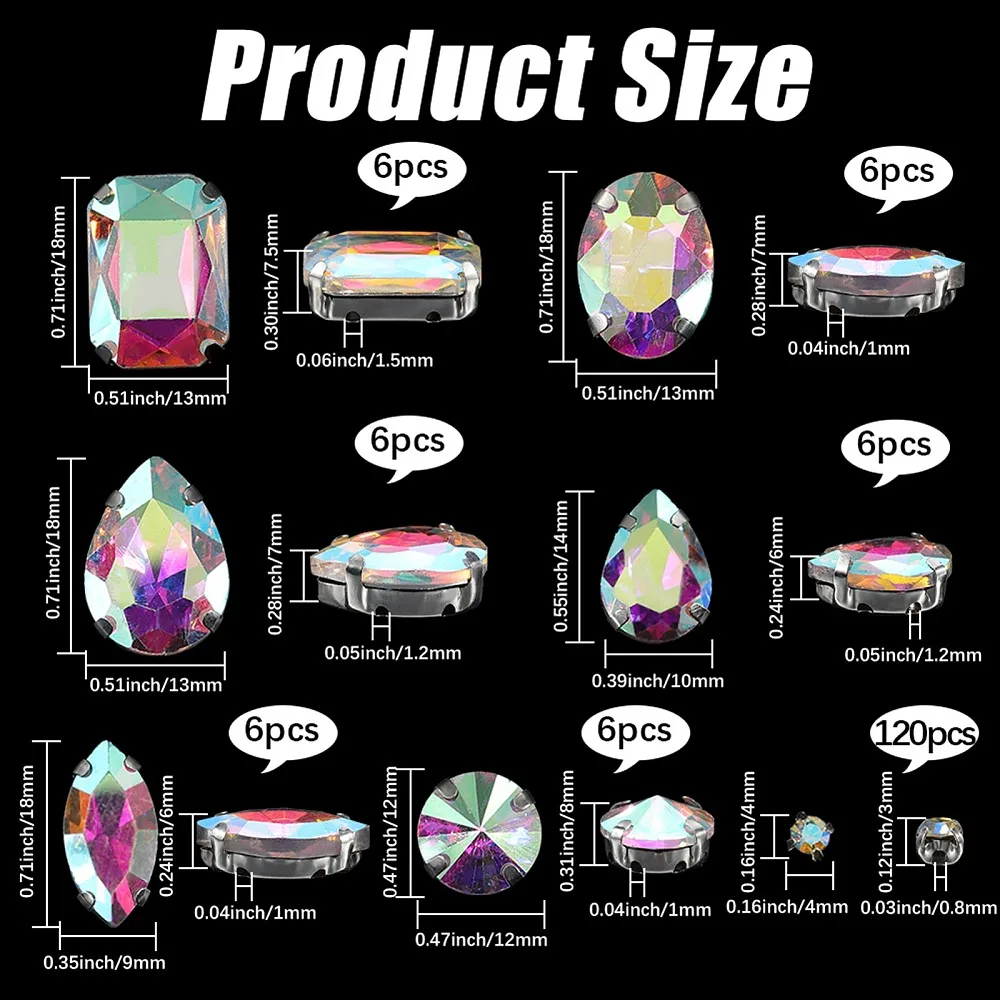 156Pcs 7 Styles AB Sew on Rhinestones Flatback Sew on Gems with Metal Prong Claw Set Small Faceted Round Teardrop Gems