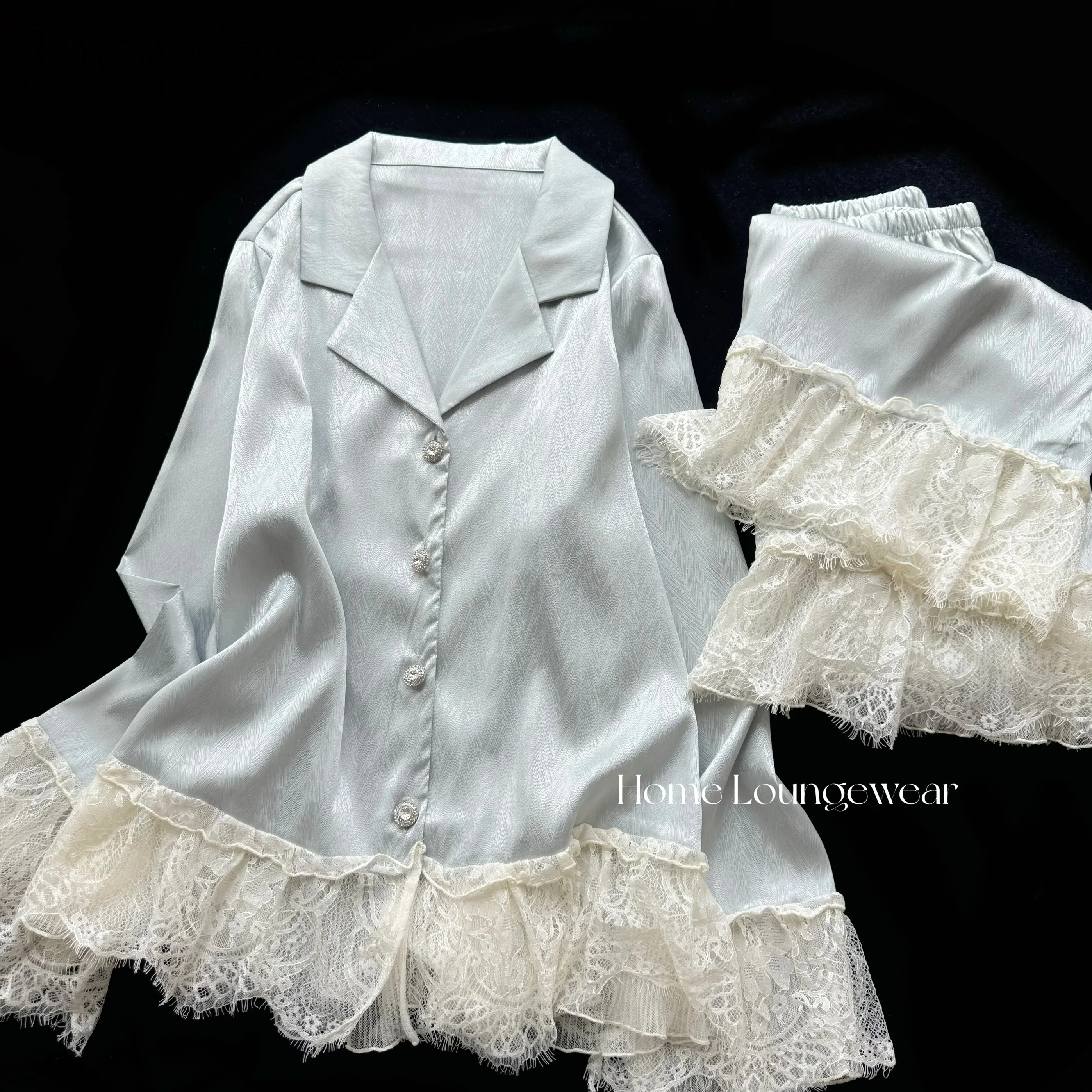 

French High-end Elegant Lady Lace Long-sleeved Ice Silk Pajamas Casual Comfortable Cool Outdoor Loungewear Set