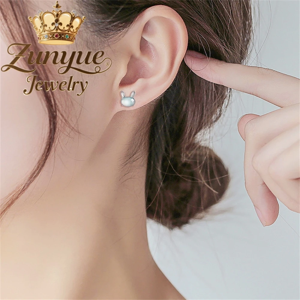 Natural A-Grade Jade Blue Water Little Rabbit Earrings Ice-Type Jade S925 Silver Inlaid Fashionable High-End Earrings